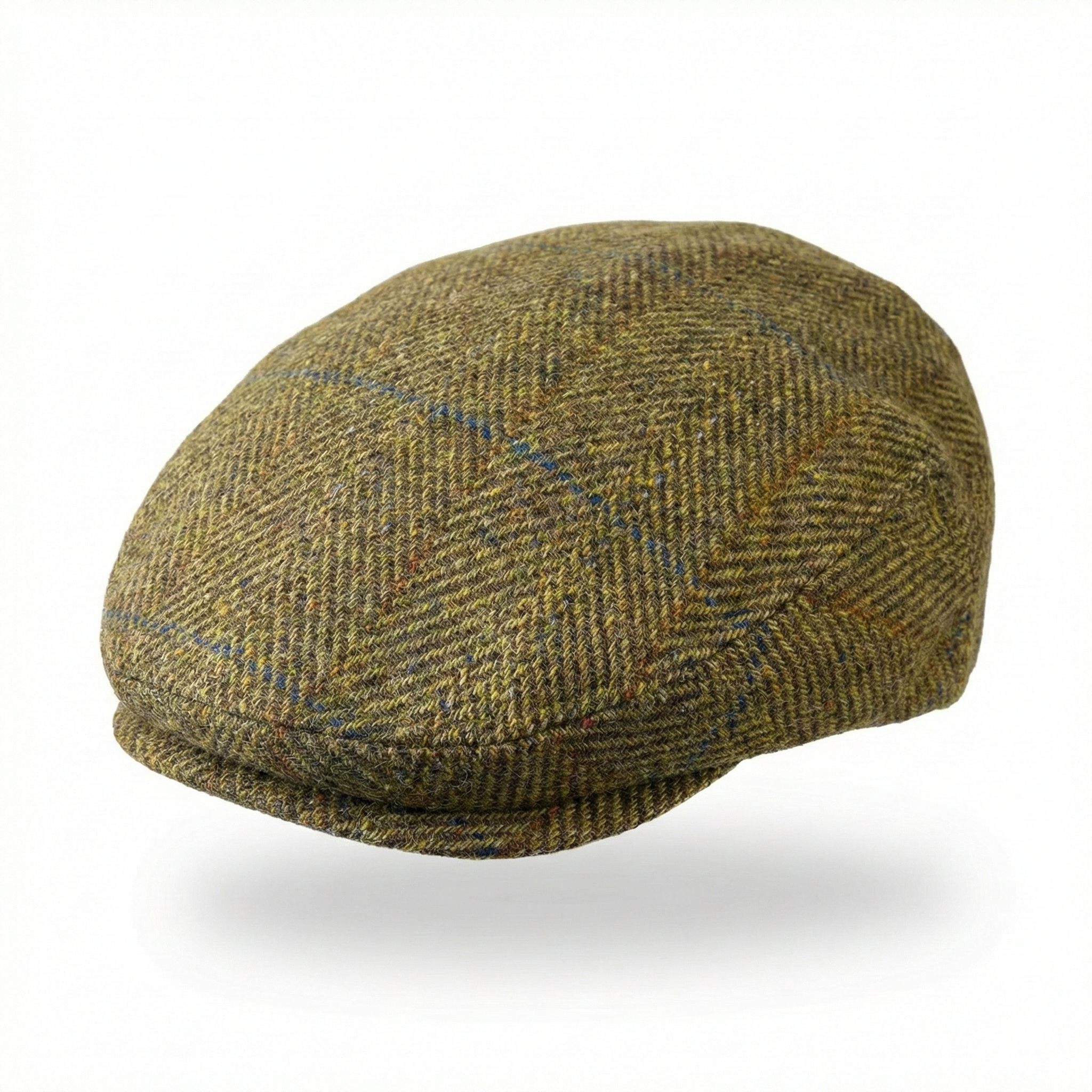 Green herringbone patterned flat cap on a white background