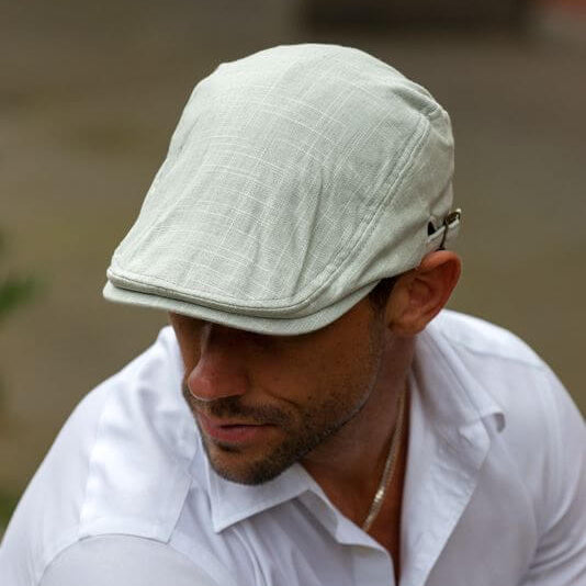 Mens Flat Cap in Light Grey Linen - ENVI